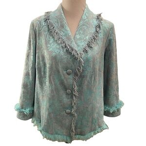 ca.dual by c.a. sport Floral Brocade Fringe Blue Tapestry Boho Coat Top sz 16
